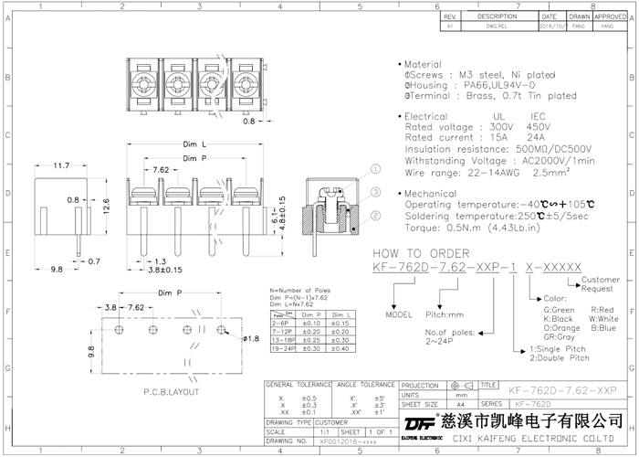 Barrier terminal blocks Screw type 2.5mm² Pin spacing 7.62mm 3-pole PCB connector 