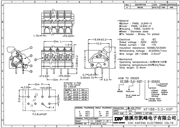 Screwless terminal blocks Push-button 2.5 mm² Pin spacing 5.00/5.08/7.50/7.62/10.00/10.16 mm 7-pole PCB Connector