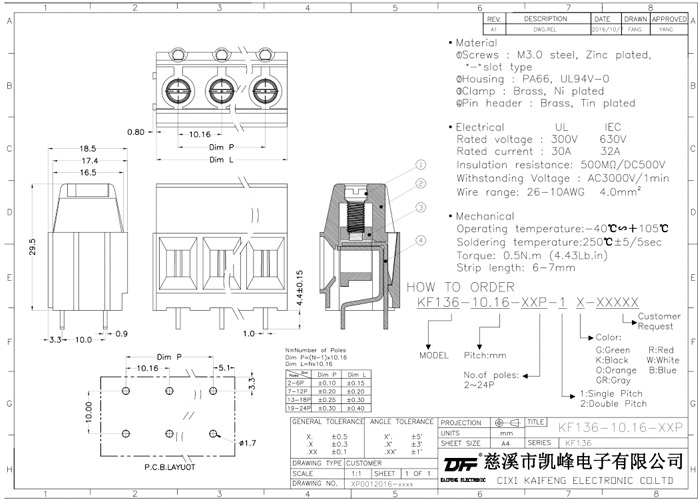 Euro terminal blocks Rising/Lift type 16.0mm² Pin spacing 10.16mm 5-pole PCB connector